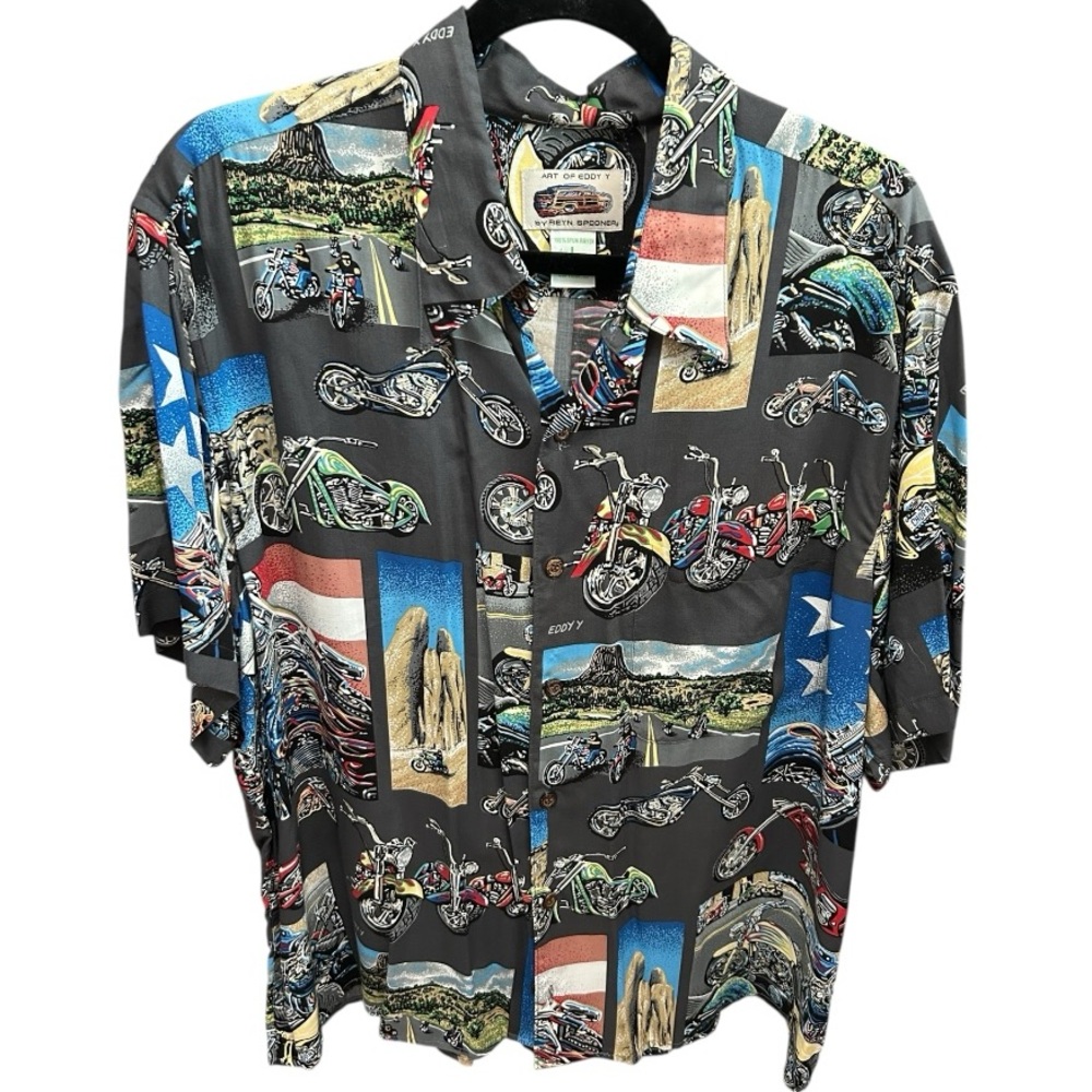 Reyn Spooner Art of Eddy Men’s Large Hawaiian Button Down Shirt Motorcycle Print
